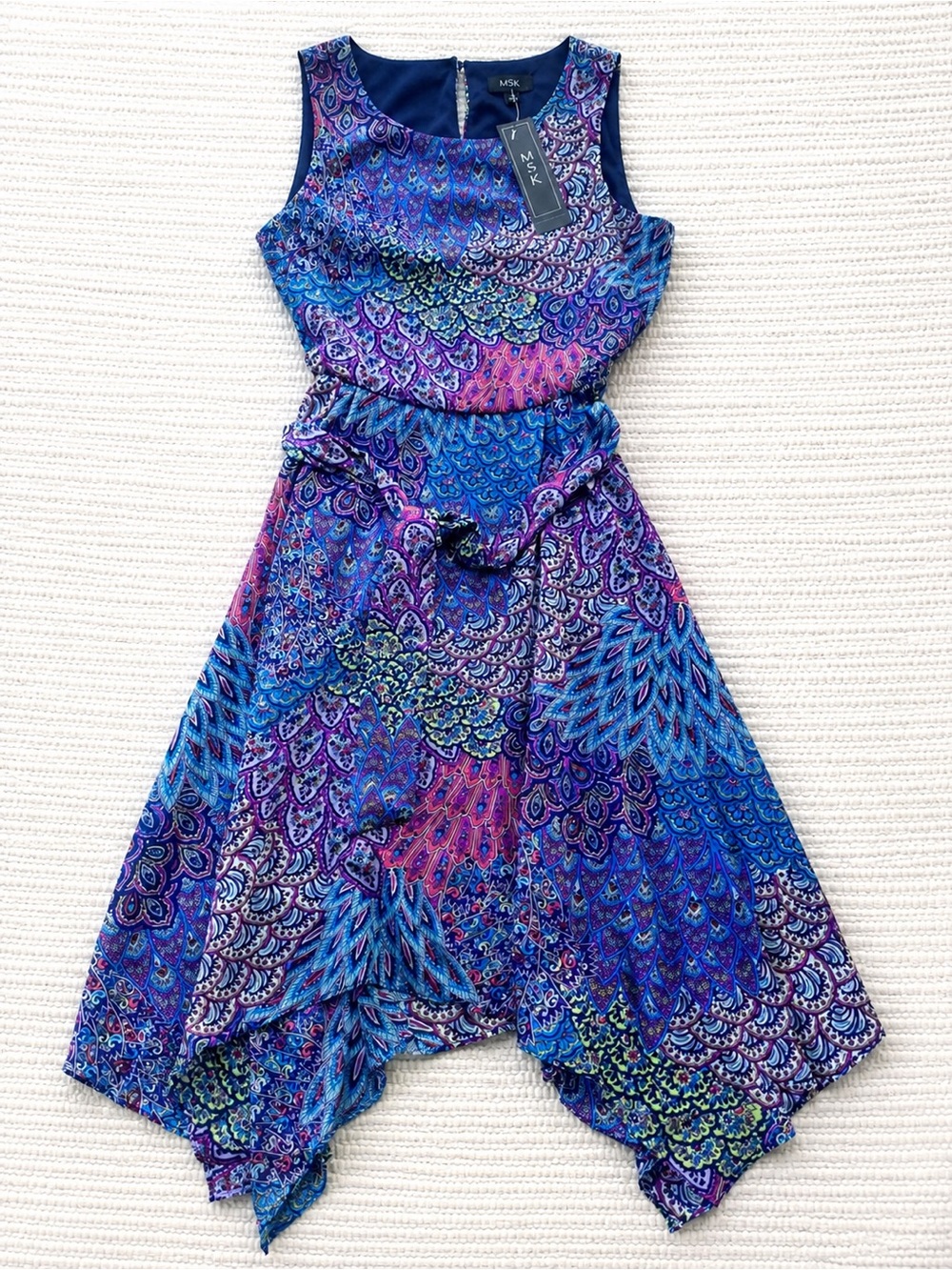 MSK Blue Purple Paisley Handkerchief Hem Midi Dress Size 10 NWT